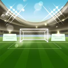 Obraz premium Football stadium vector background with soccer goal net, grass and advertising banner. Tribune, spotlights and blue sky.