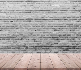 Wood table top and background of old brick wall - can used for display or montage your products.