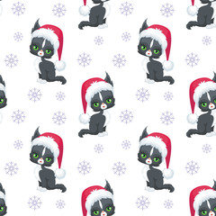 Christmas seamless pattern with the image of little cute kittens in the hat of Santa Claus. Children's vector background.