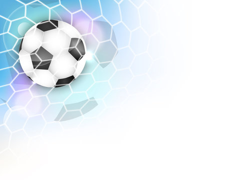 Soccer vector banner with football ball, net, glitter and space for your content.