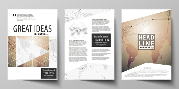 The vector illustration of editable layout of three A4 format modern covers design templates for brochure, magazine, flyer, booklet. Global network connections, technology background with world map.