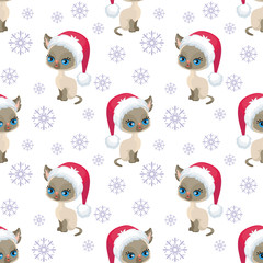 Christmas seamless pattern with the image of little cute kittens in the hat of Santa Claus. Children's vector background.
