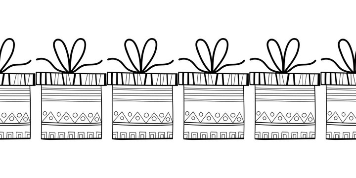 Decorative gift boxes. Black and white illustration for coloring book, page.