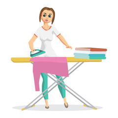 Fototapeta premium Woman housewife iron clothes on an ironing board. Flat cartoon vector illustration