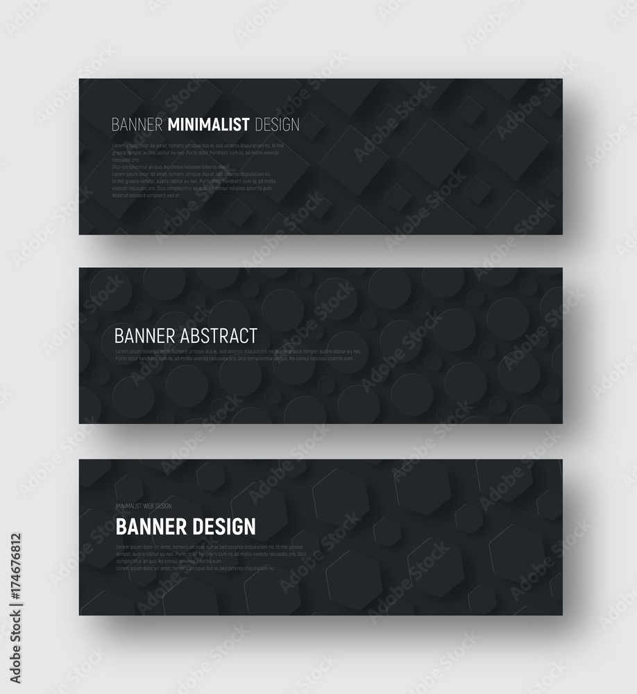 Poster set of black horizontal vector banners with rhombuses, hexagons and a circle hovering over the backg
