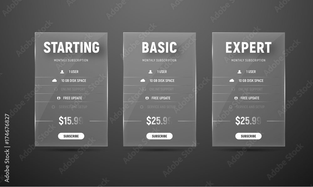 Poster design vector glass pricing tables for the website and stores
