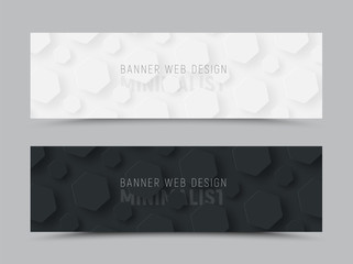 template of a black and white horizontal banner with hexagons hovering over the background