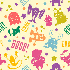 Seamless pattern with cute cartoon monsters