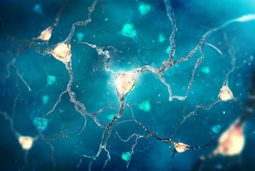Neurons in the brain on dark blue background. 3d illustration