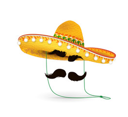 Sombrero Hat vector illustration. Mexican hat on white background. Masquerade or carnival costume headdress.