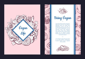 Vector doodle handdrawn fruits and vegetables vegan, healthy food card, brochure, flyer template
