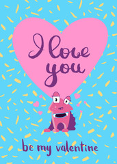 Vector Valentines Day card with hearts, cute monster and lettering on confetti background
