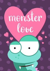 Vector Valentines Day card with heart, cute monster and lettering on circles background