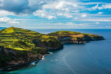 Beautiful panoramic view over Sao Miguel Island and Atlantic ocean from Miradouro De Santa Iria in Sao Miguel Island, Azores, Portugal