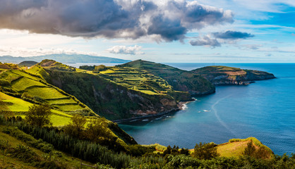 Beautiful panoramic view over Sao Miguel Island and Atlantic ocean from Miradouro De Santa Iria in Sao Miguel Island, Azores, Portugal