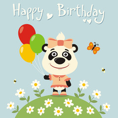 Obraz premium Happy birthday to you! Little girl panda with balloons. Birthday card with panda girl on meadow with flowers in cartoon style.