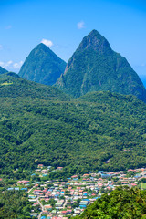 Gros and Petit Pitons near village Soufriere on Caribbean island St Lucia - tropical and paradise...