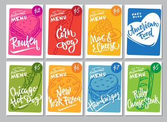 Hand drawn vector illustration popular American Food varieties Corn Dog, Chicago Hot Dog, Hamburger, Philadelphia Cheese Steak, Reuben Sandwich, Mac and Cheese, New York Pizza.