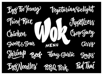 Wok vector drawing with lettering. Isolated chinese box and chopsticks with noodles, vegetables and soy sauce. Hand drawn detailed fast asian food illustration. Great for banner, poster, menu decor