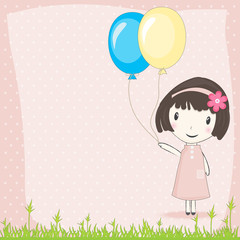Girl with balloons in meadow and polka dot on pink background