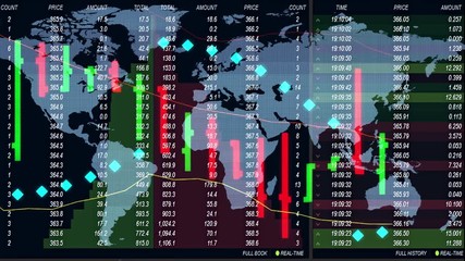 forex stock market chart ticker board and holographic earth map on background - new quality financial business animated dynamic motion video footage - Powered by Adobe