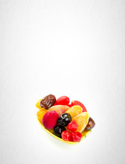 Dried fruits or assorted preserved fruits on background.