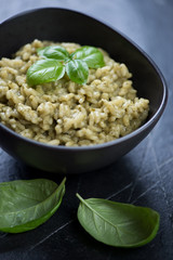 Closeup of spinach risotto. Selective focus, shallow depth of field, studio shot