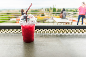 Grape juice on table.