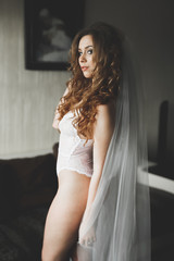 Fototapeta premium Luxury bride in white dress posing while preparing for the wedding ceremony