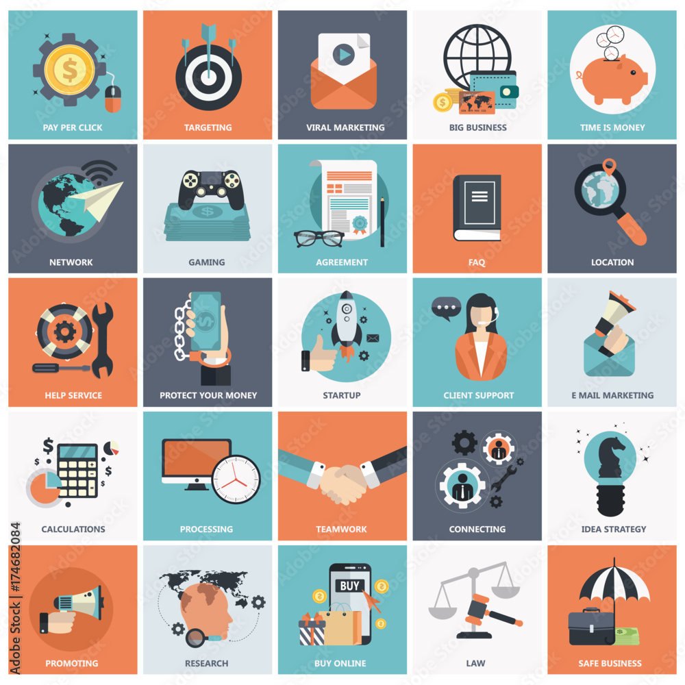 Wall mural set of flat design icons for business, pay per click, creative process, searching, web analysis, tim