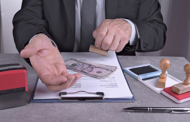 Pencil pusher asking for a bribe in euros or in dollars