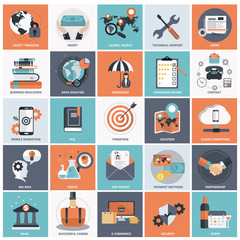 Set of flat design icons for business, pay per click, creative process, searching, web analysis, time is money, on line shopping. Icons for website development and mobile phone services and apps.