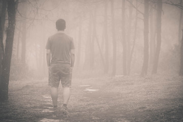 Alone person walking on the road in pine forest.Vintage style.