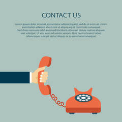 Contact us. Hand holding the headset with text. Flat vector illustration.