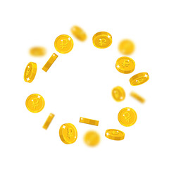 Gold rubles floating cartoon isolated. Gold rubles with the effect floating in the air in a cartoon style for designers and illustrators. Flying pieces in the form of vector illustrations