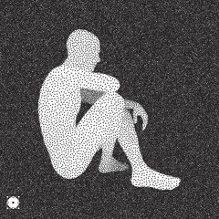 Sitting man. 3D Model of Man. Black and white grainy dotwork design. Stippled vector illustration.