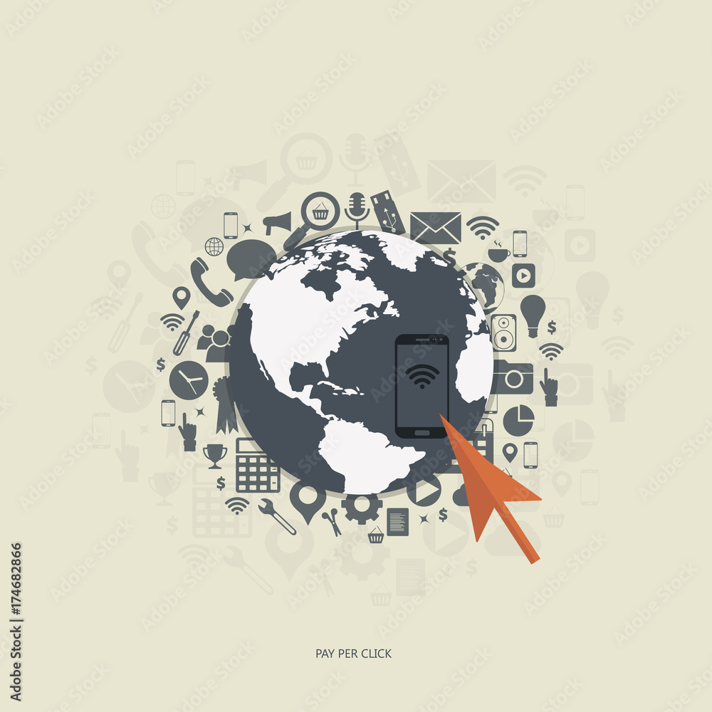Wall mural pay per click flat illustration with cell phone and pointer.