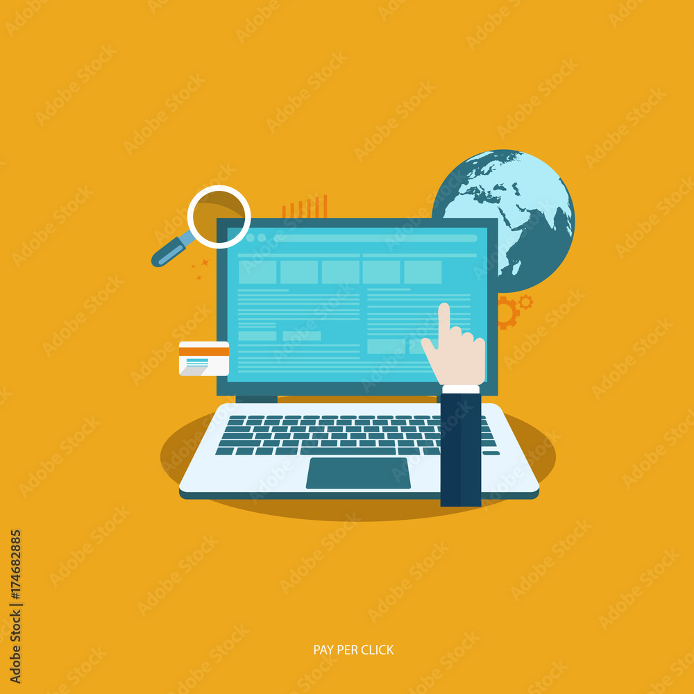 Wall mural pay per click concept. flat vector illustration with laptop and pointer.
