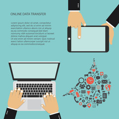 On line data transfer concept. Speech Cloud between Two Laptop and Tablet. Technology Connection Concept. Flat vector illustration.