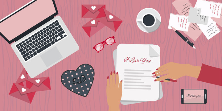 Valentine's day poster. Pink desk with female hands writing on paper. I love you card. Flat vector illustration.
