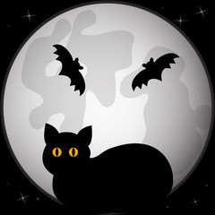 Black silhouette of cat sitting in front of the full moon. Vector illustration.