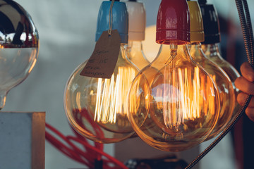 Close-up of beautiful vintage light bulbs at the festival