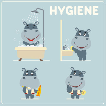 Set of funny hippo is hygiene: showering, washing hands, brushing her teeth. Collection of isolated hippopotamus in cartoon style for rules of child hygiene.