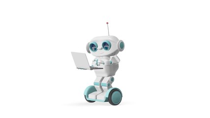 3D Animation Robot with Laptop with Alpha Channel looped Video on a Transparent Background