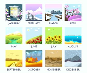 Four seasons month nature landscape winter, summer, autumn, spring vector flat scenery - obrazy, fototapety, plakaty