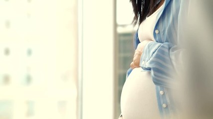 Cropped side view of young asian pregnant woman posing near the window at home and ironing her stomach - Powered by Adobe