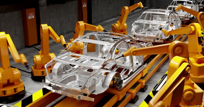 Moving conveyor belt with frameworks of cars and robots welders