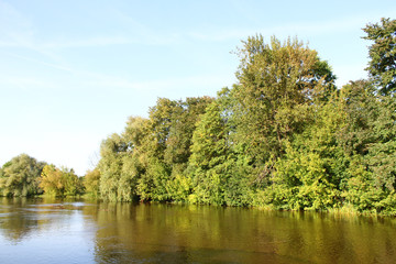 Countryside view of small river near trees.