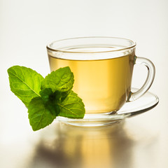 Glass cup of green tea and mint leaves on white.
