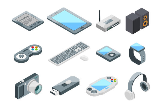 Different electronic gadgets collection. Isometric technology symbols. Vector pictures set isolate